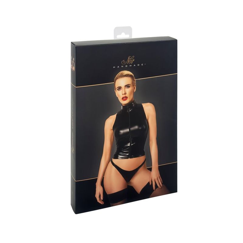 Glam Wetlook Top w Vinyl Corset-F324-BLK-XL