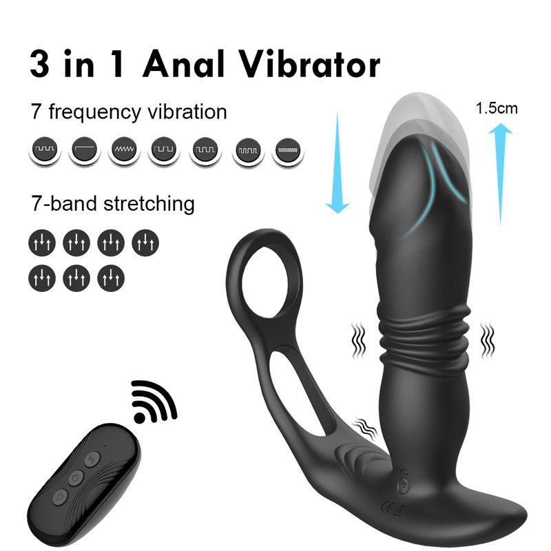 Thrusting Silicone Butt Plug with Cockring and Remote-XMEN-001-BLK