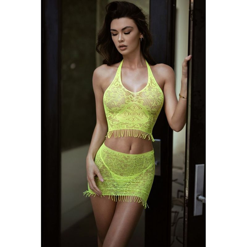 Eyelash Lace 2 Pc Bodystocking with Thong Neon Yellow-818JT178-NEO-O/S