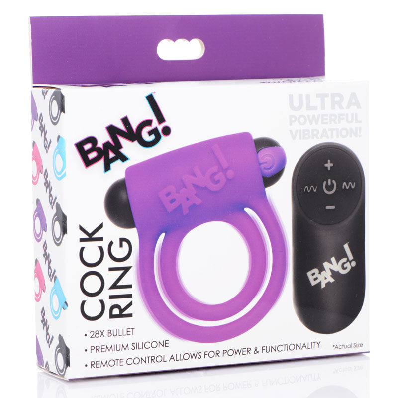 Bang! Silicone Cock Ring & Bullet - Purple USB Rechargeable Vibrating Cock Ring with Wireless Remote-AG572-PURPLE