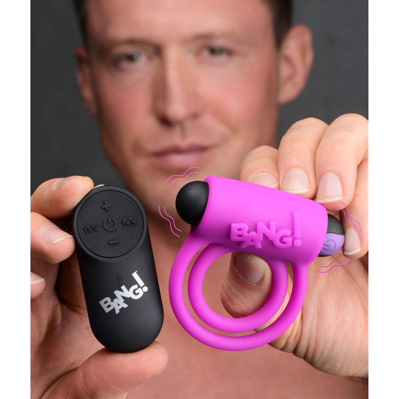 Bang! Silicone Cock Ring & Bullet - Purple USB Rechargeable Vibrating Cock Ring with Wireless Remote-AG572-PURPLE