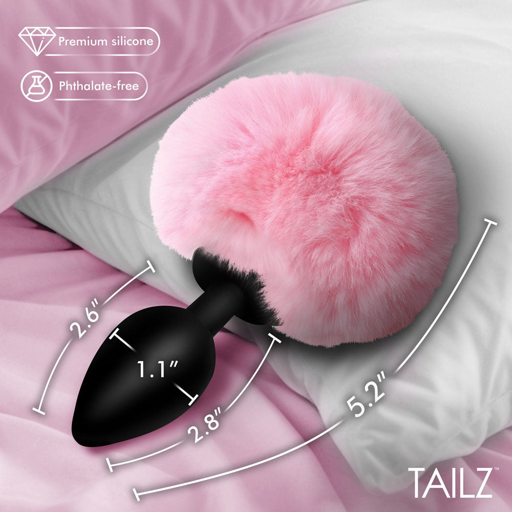 Tailz Fluffy Bunny Tail Silicone Plug - Pink - Black Butt Plug with Pink Bunny Tail - AH843-PINK