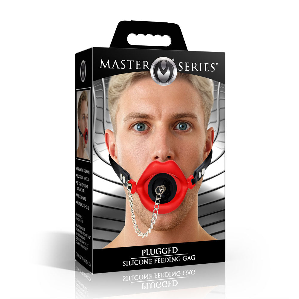 Master Series Plugged - Red Lips Silicone Feeding Mouth Gag - AH980-RED
