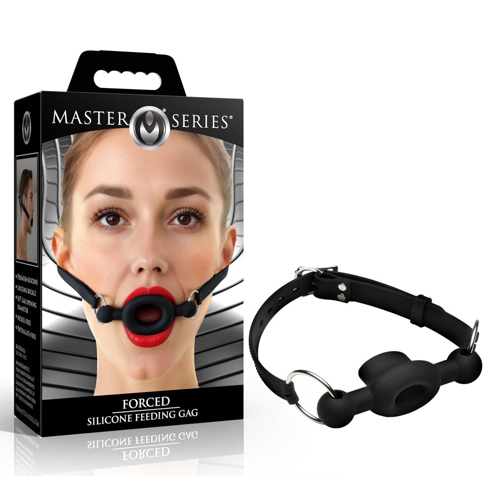 Master Series Forced - Black Silicone Feeding Mouth Gag - AH981