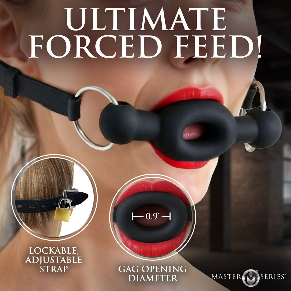 Master Series Forced - Black Silicone Feeding Mouth Gag - AH981