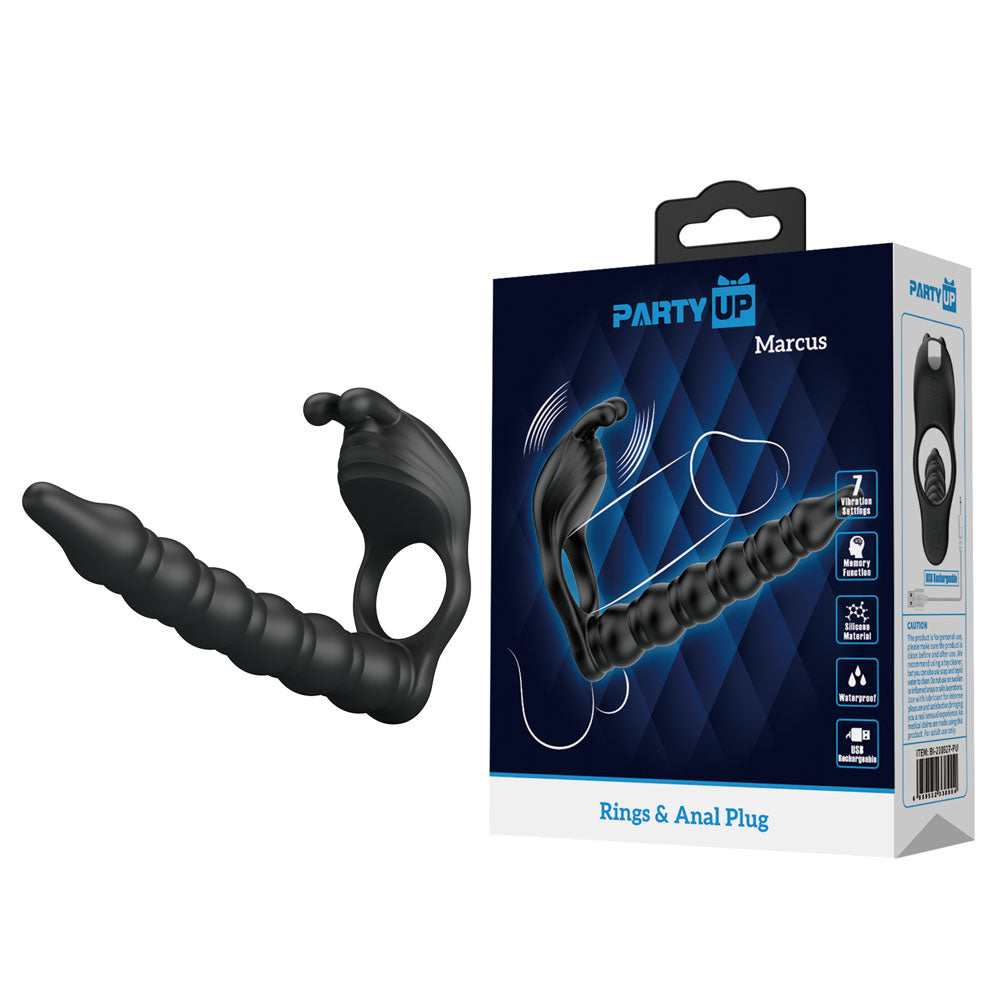 Party Up MARCUS Ring & Anal Plug - Black USB Rechargeable Vibrating Cock Ring with Double Penetrator-BI-210327-PU