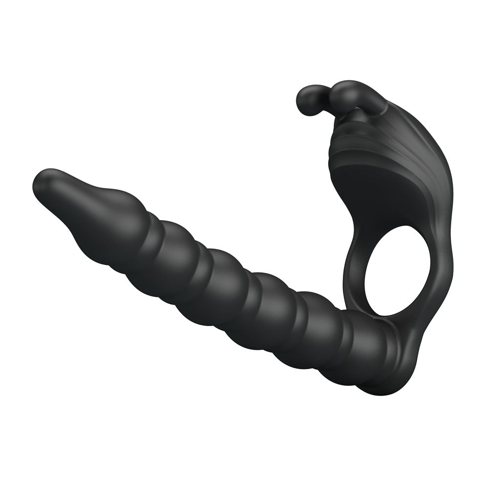 Party Up MARCUS Ring & Anal Plug - Black USB Rechargeable Vibrating Cock Ring with Double Penetrator-BI-210327-PU