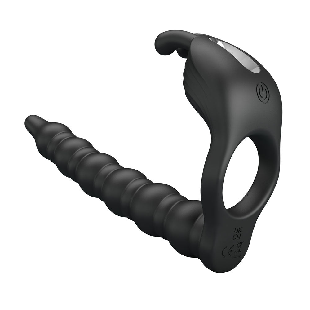 Party Up MARCUS Ring & Anal Plug - Black USB Rechargeable Vibrating Cock Ring with Double Penetrator-BI-210327-PU