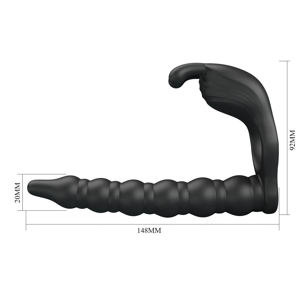 Party Up MARCUS Ring & Anal Plug - Black USB Rechargeable Vibrating Cock Ring with Double Penetrator-BI-210327-PU