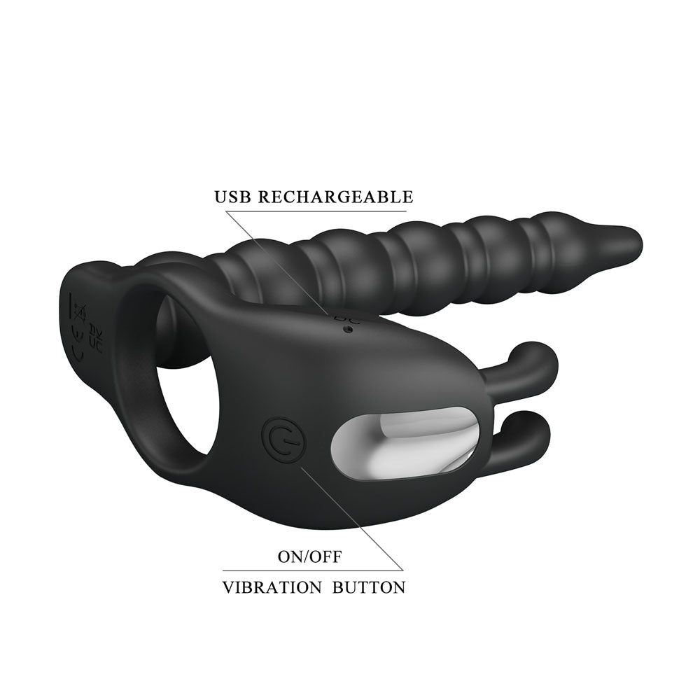 Party Up MARCUS Ring & Anal Plug - Black USB Rechargeable Vibrating Cock Ring with Double Penetrator-BI-210327-PU