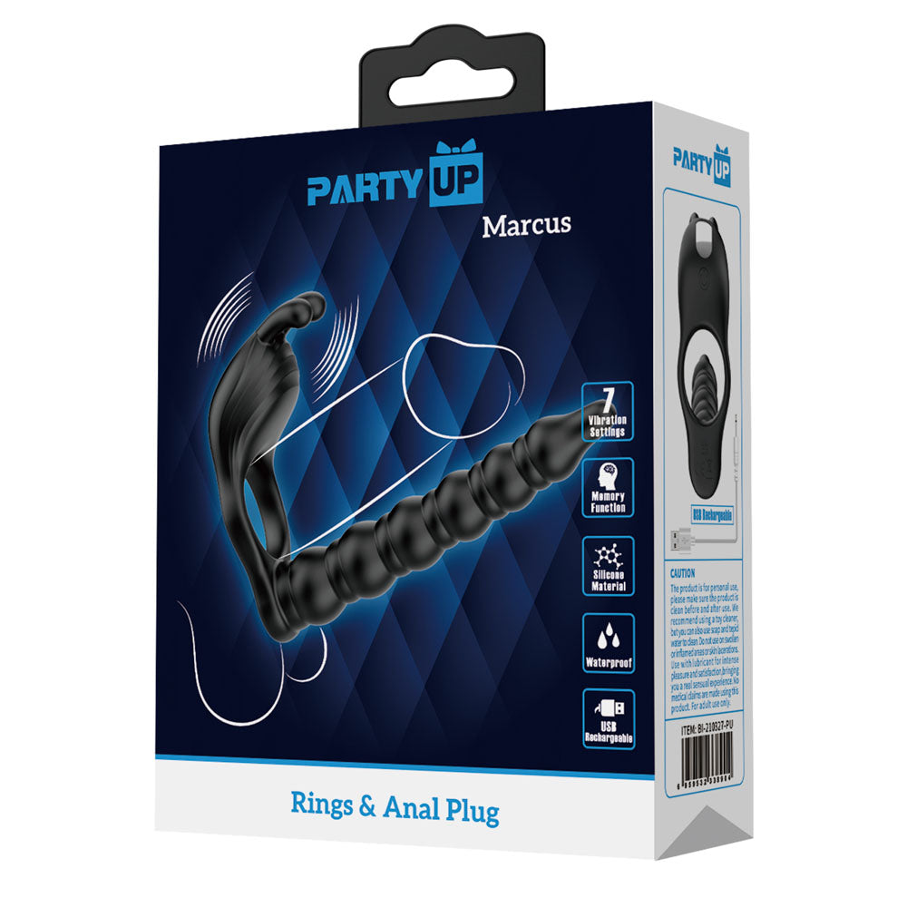 Party Up MARCUS Ring & Anal Plug - Black USB Rechargeable Vibrating Cock Ring with Double Penetrator-BI-210327-PU