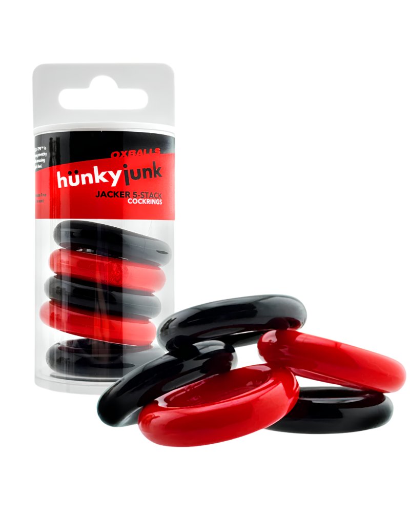 HUNKYJUNK JACKER 5-STACK five-pack tube super-strong cockrings RED/BL...-HUJ-151-RD/BK