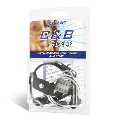 Blue Line Metal Cock Ring With Locking Ball Strap