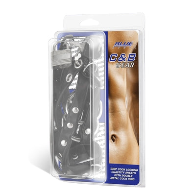 Blue Line Gimp Cock Locking Chastity Sheath With Double Metal Cock Ring