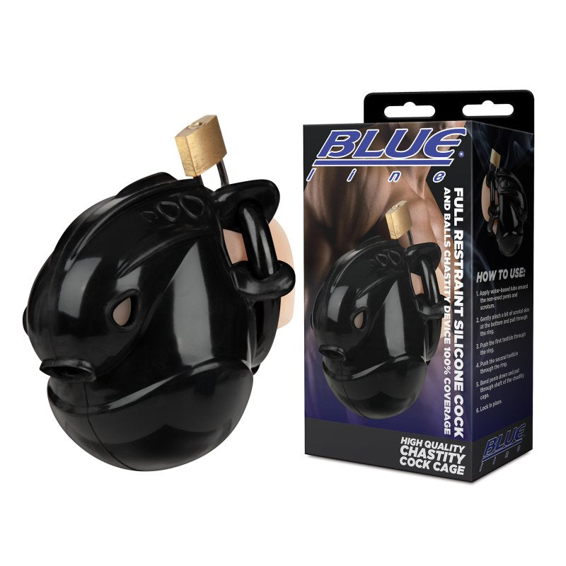 Blue Line Full Restraint Silicone Cock And Balls Chastity Device 100% ...-BLM5025-BLK