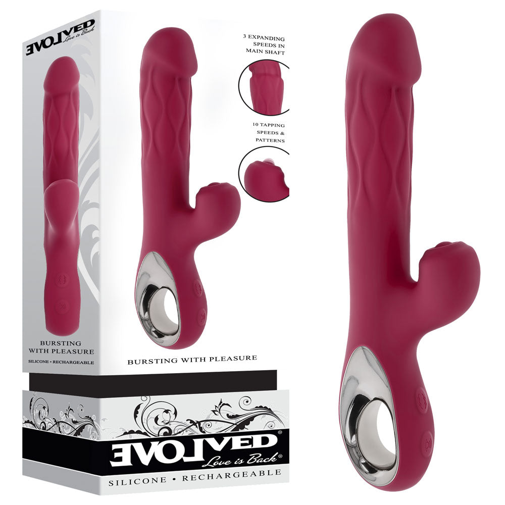 Evolved BURSTING WITH PLEASURE - Red 25.4 cm USB Rechargeable Vibrator with Tapping Clitoral Stimulator - EN-RS-6763-2