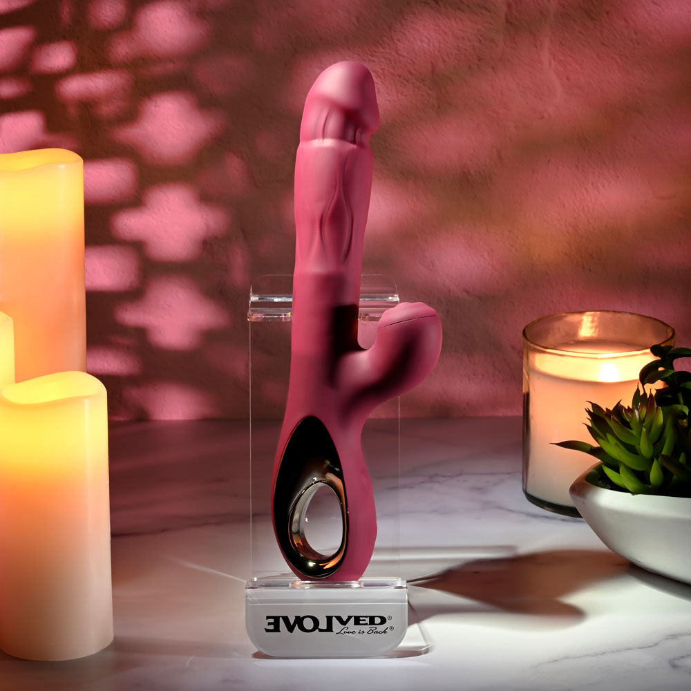 Evolved BURSTING WITH PLEASURE - Red 25.4 cm USB Rechargeable Vibrator with Tapping Clitoral Stimulator - EN-RS-6763-2