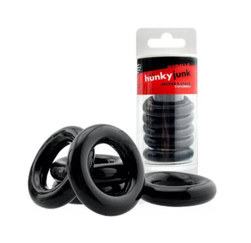 HUNKYJUNK JACKER 5-STACK five-pack tube super-strong cockrings BLACK-HUJ-151-BLK