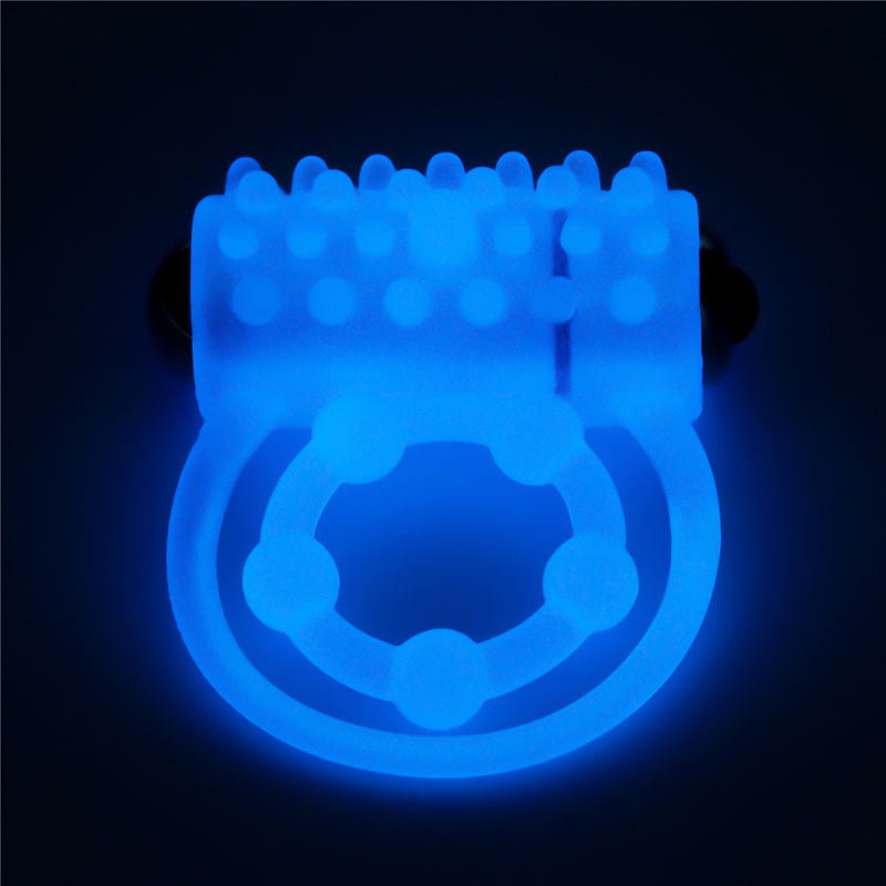 Lumino Play Vibrating Penis & Balls Ring - Glow in the Dark Blue Vibrating Cock Ring-LV343216