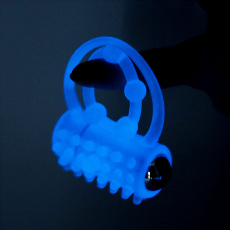 Lumino Play Vibrating Penis & Balls Ring - Glow in the Dark Blue Vibrating Cock Ring-LV343216