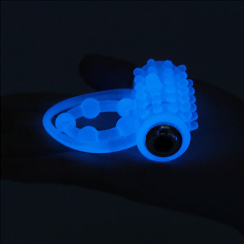 Lumino Play Vibrating Penis & Balls Ring - Glow in the Dark Blue Vibrating Cock Ring-LV343216