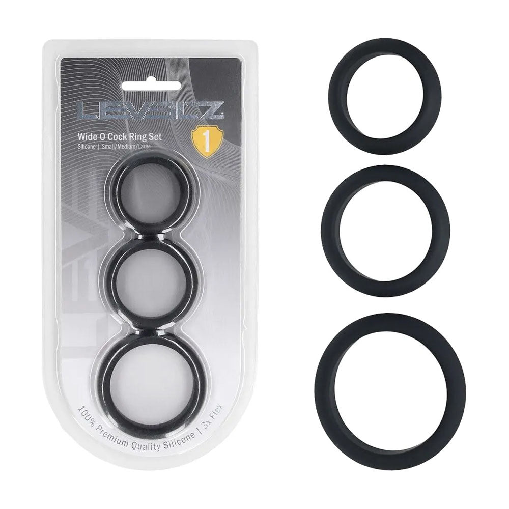 LEVELZ Wide O Silicone Cock Ring Set of 3 - S/M/L - Black Cock Rings - Set of 3 Sizes-LVL01-0014BLK