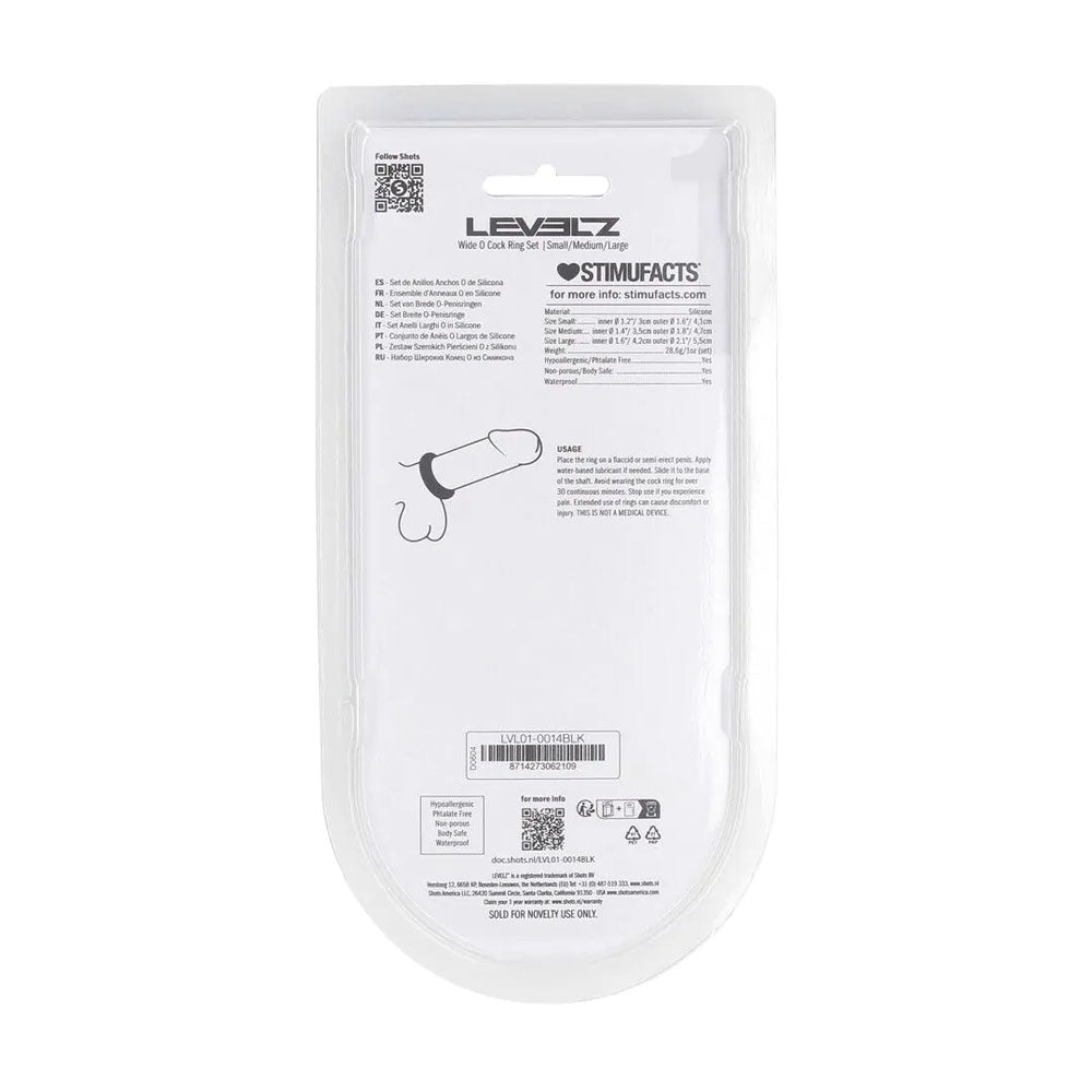 LEVELZ Wide O Silicone Cock Ring Set of 3 - S/M/L - Black Cock Rings - Set of 3 Sizes-LVL01-0014BLK