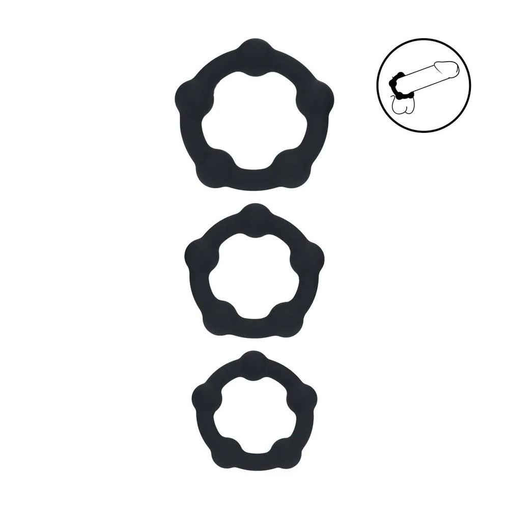 LEVELZ Beaded Silicone Cock Ring Set of 3 - Black - Black Cock Rings - Set of 3 Sizes-LVL01-0024BLK