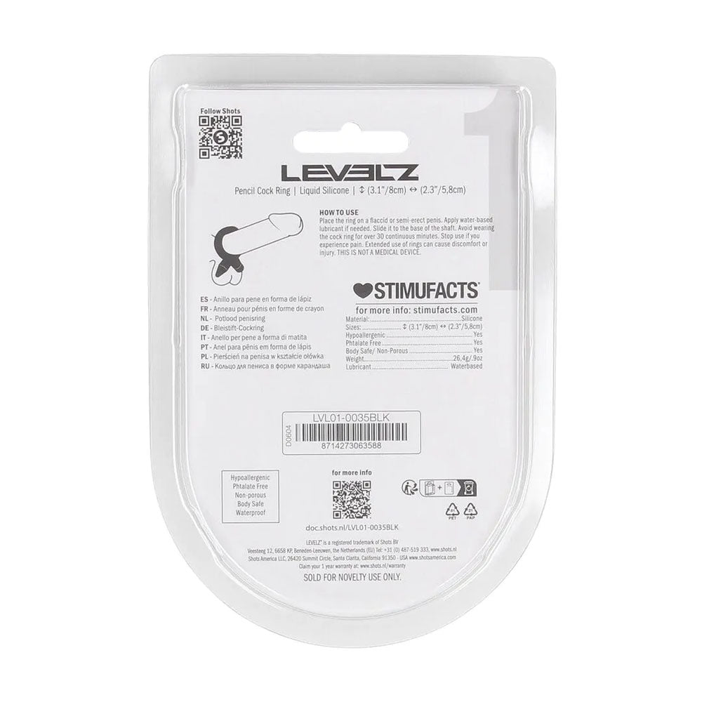 LEVELZ Pencil Liquid Silicone Cock Ring - Black Cock Ring-LVL01-0035BLK