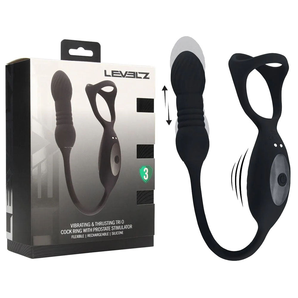 LEVELZ Vibrating & Thrusting TriO Cock Ring with Prostate Stimulator - Black USB Rechargeable Vibrating Cock Ring with Thrusting Prostate Plug-LVL03-0033BLK