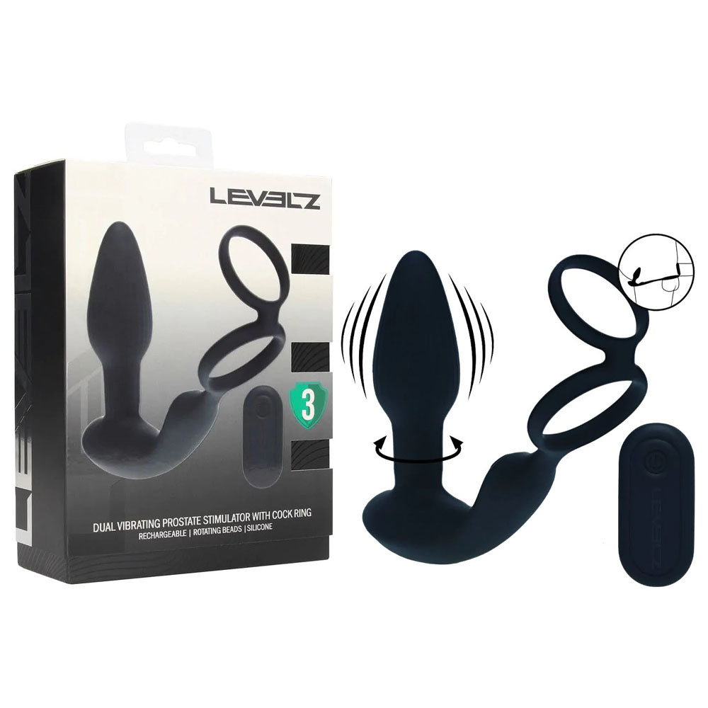 LEVELZ Dual Vibrating Prostate Stimulator with Cock Ring - Black USB Rechargeable Vibrating Butt Plug with Cock Ring-LVL03-0043BLK