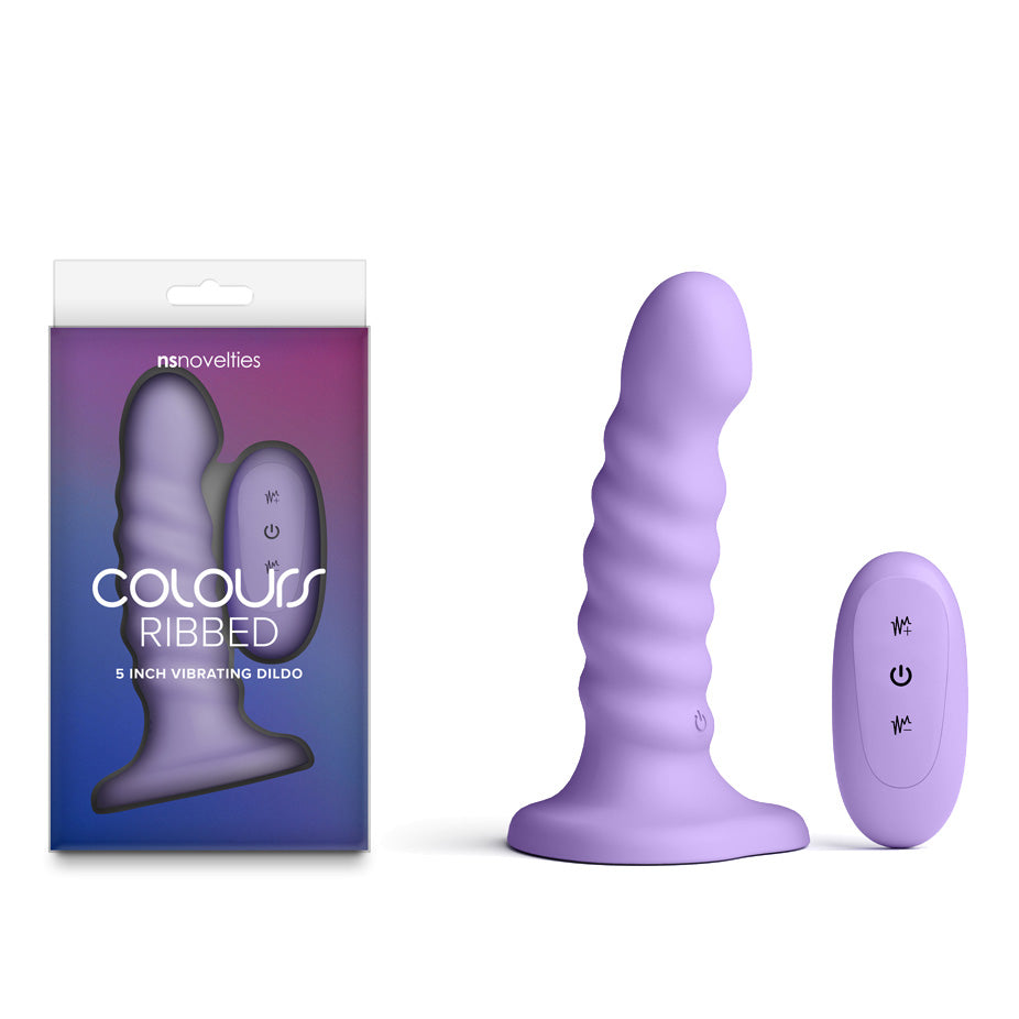 Colours Ribbed - 5 Vibrating Dildo - Purple - Purple 14.5 cm USB Rechargeable Vibrating Dildo with Wireless Remote - NSN-0401-45