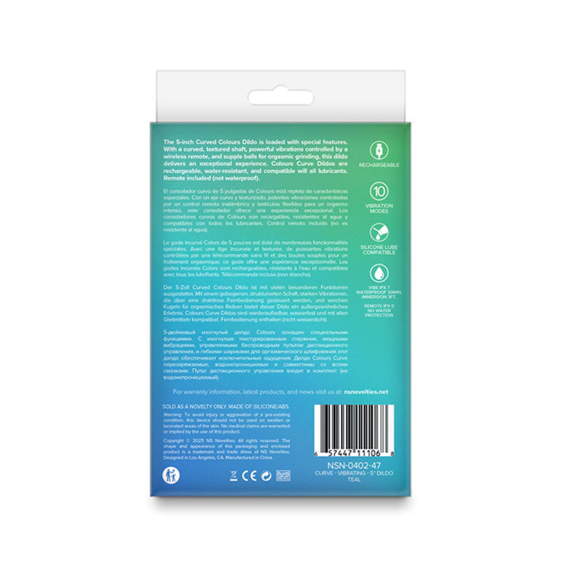 Colours Curve - Vibrating 5 Dildo - Teal - Teal 12.6 cm USB Rechargeable Vibrating Dildo with Wireless Remote-NSN-0402-47