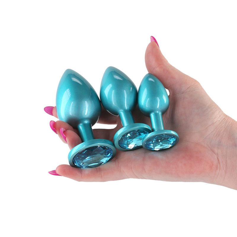 Rear Assets Trainer Kit - Iridescent Teal - Iridescent Teal Metallic Butt Plugs - Set of 3 Sizes-NSN-0960-07