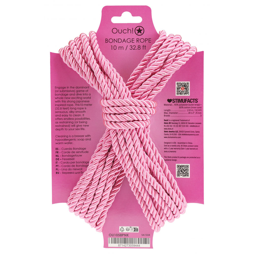 OUCH! Bondage Rope - 10 M - Pink - Pink Nylon Bondage Rope - 10 metre Length-OU1058PNK