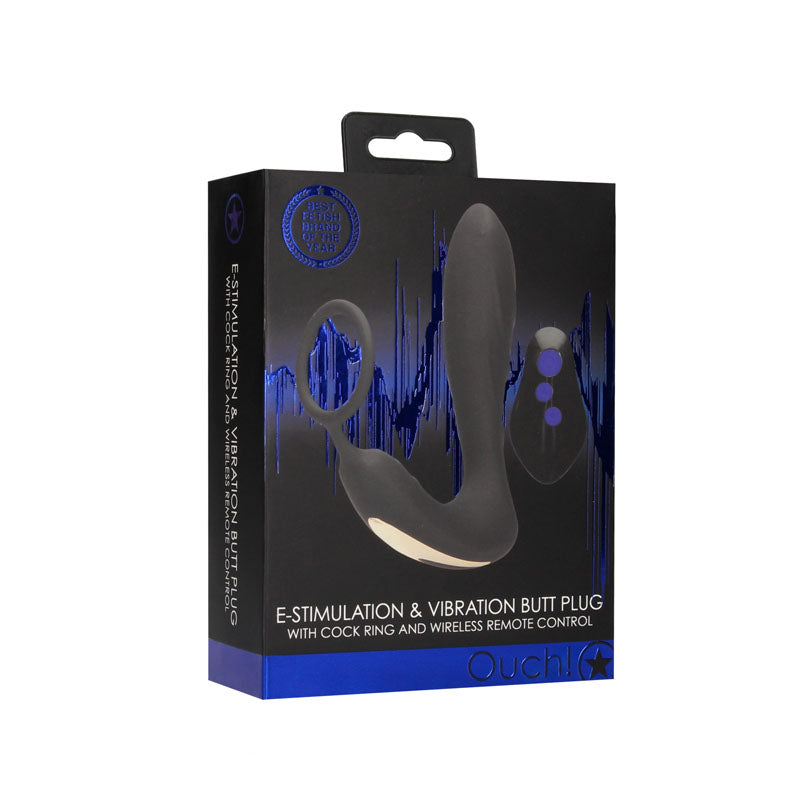 OUCH! E-stim & Vibrating Butt Plug Cock Ring - Black USB Rechargeable Vibrating Butt Plug & Cock Ring with e-Stim-OU580BLK