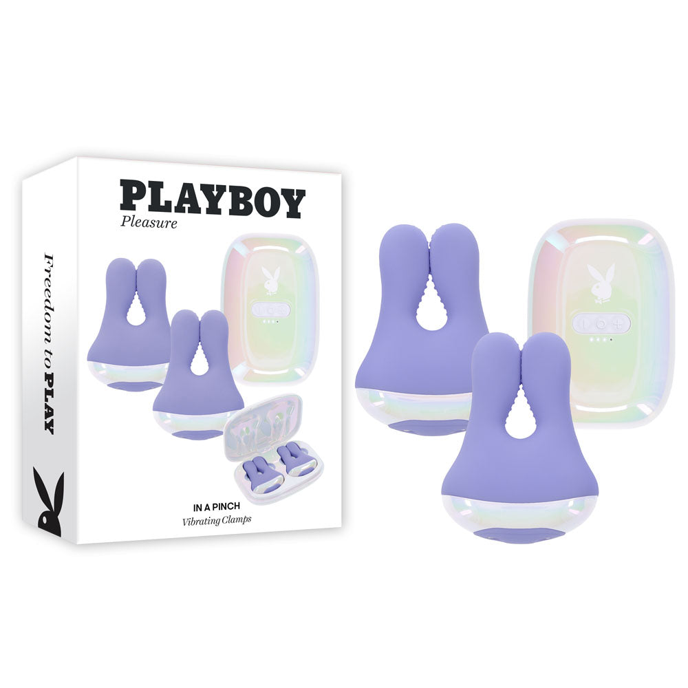 Playboy Pleasure IN A PINCH - Purple Rechargeable Vibrating Nipple Clamps with Charging Carry Case-PB-RS-5728-2