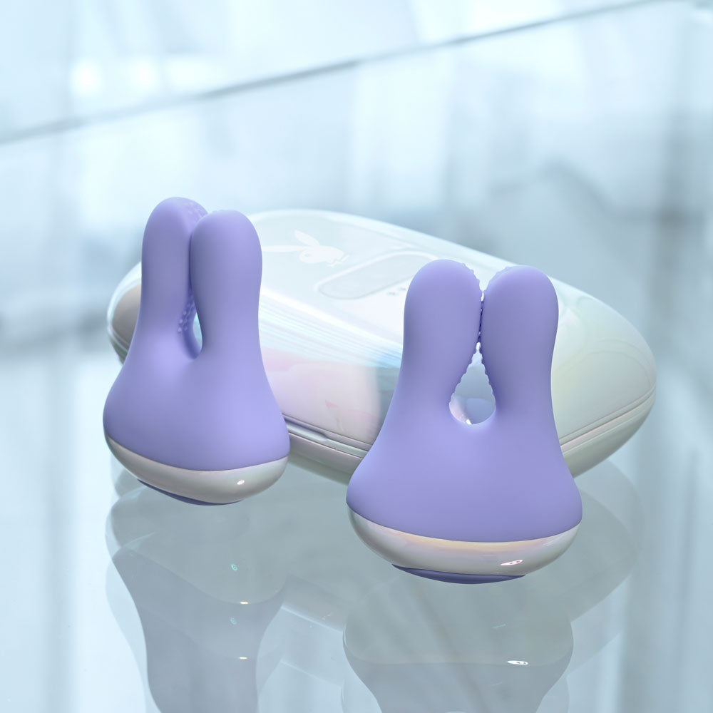 Playboy Pleasure IN A PINCH - Purple Rechargeable Vibrating Nipple Clamps with Charging Carry Case-PB-RS-5728-2