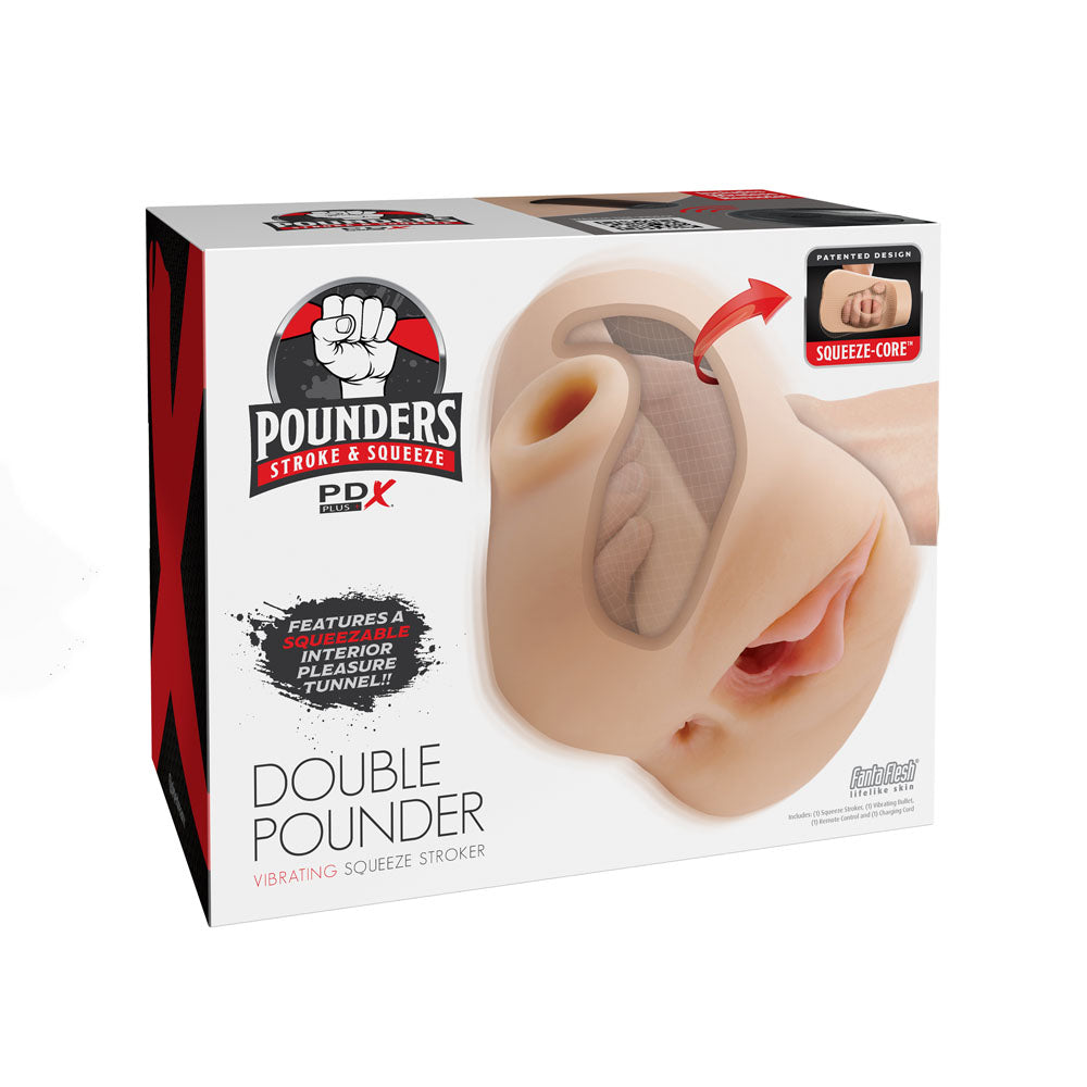 PDX Plus Double Pounder Vibrating Squeeze Stroker - Flesh - Flesh USB Rechargeable Vibrating Vagina Stroker-RD434-21
