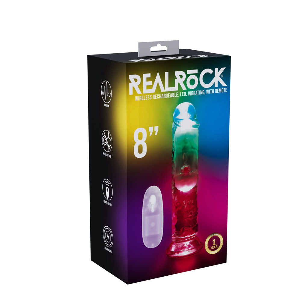 REALROCK 8 No Balls Wireless Rechargeable LED Vibrating Dong - Clear with LED 22 cm USB Rechargeable Vibrating Dong with Remote-REA206TRA