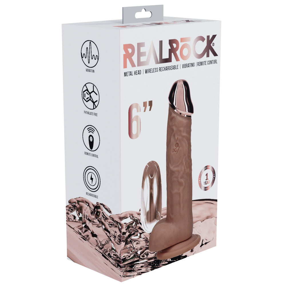 REALROCK Metal Head 6 Rechargeable Dildo - Tan - Tan 16.2 cm USB Rechargeable Vibrating Dildo with Metal Head and Wireless Remote - REA209TAN