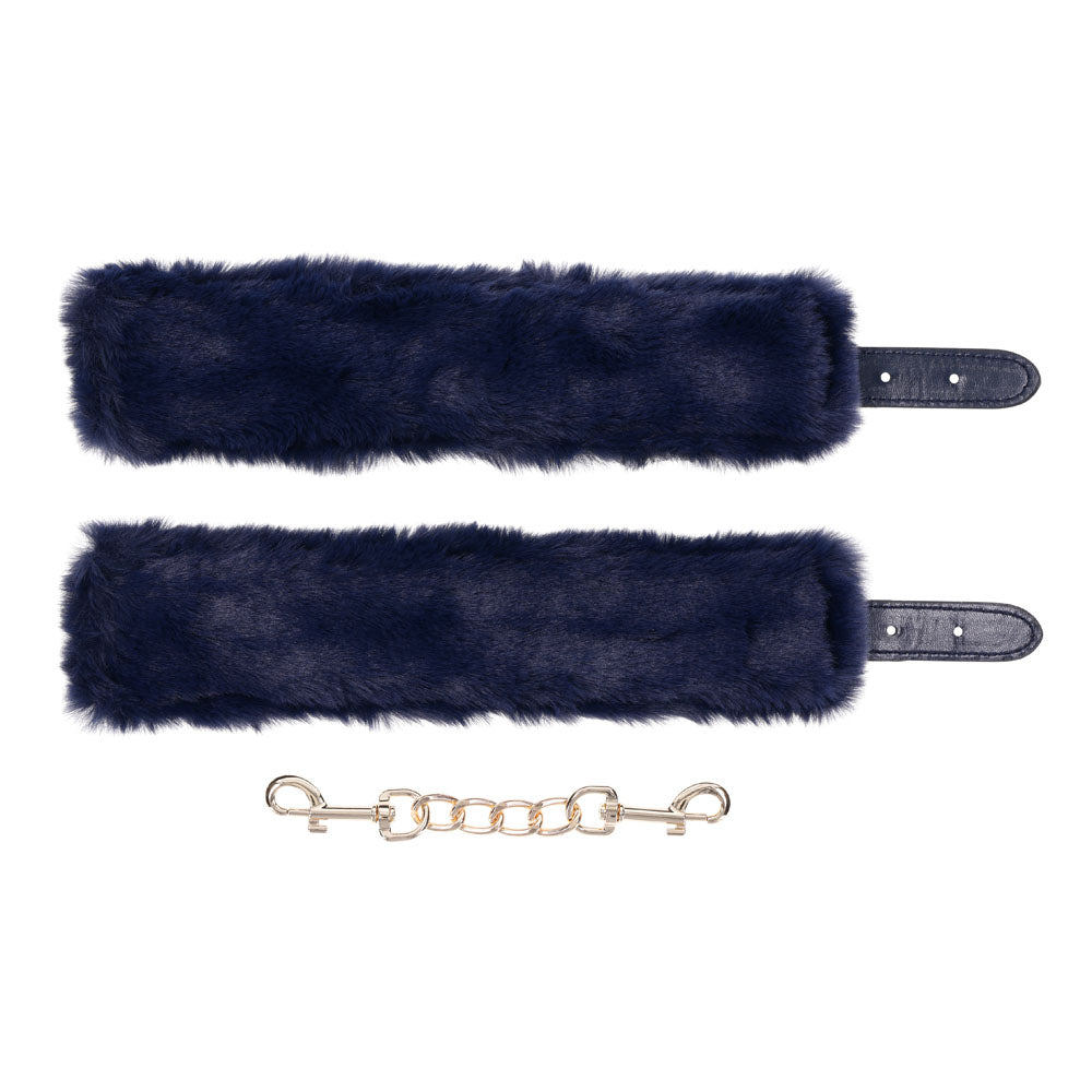Sex & Mischief Cougar Fur Handcuffs - Navy Blue/Gold Furry Restraints - SS09971