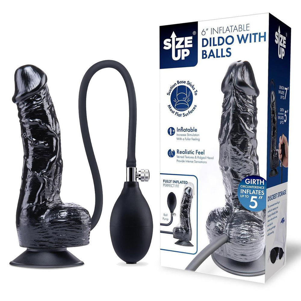 Size Up 6 Inch Inflatable Dildo with Balls - Black 17.8 cm Inflatable Dong - SU106
