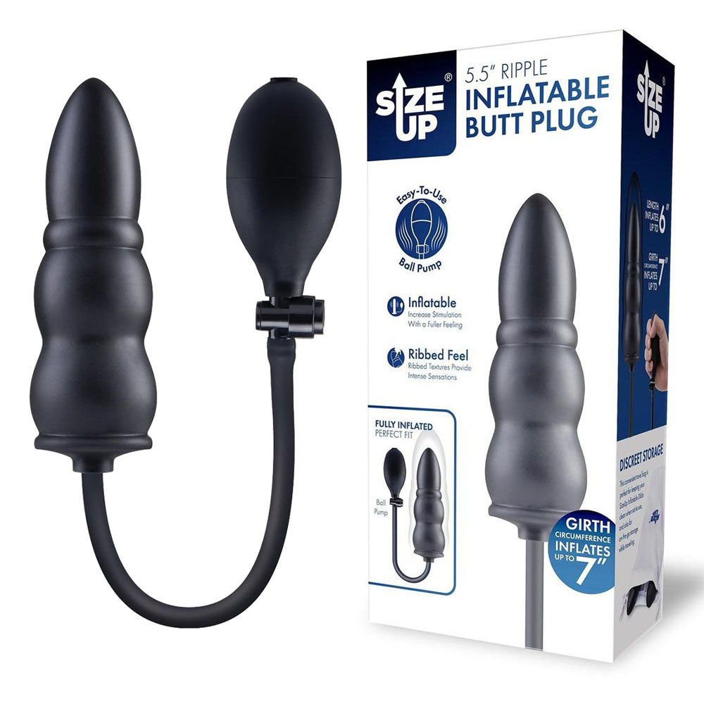 Size Up 5.5 Inch Ripple Inflatable Butt Plug - Black 15.2 cm Inflatable Butt Plug - SU108