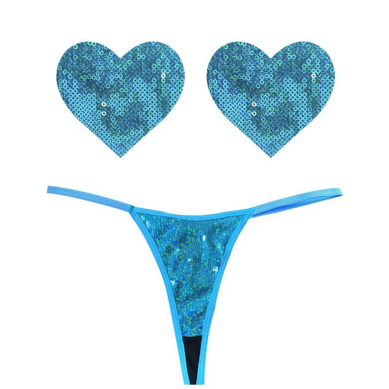 Mahi Mahi Blue Sequin G-String and Heart Pastie Set