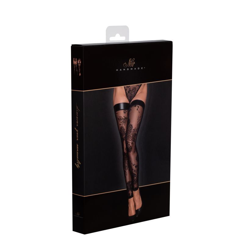 Tulle Stockings w Patterned Flock Embroidery & Power Wetlook Band