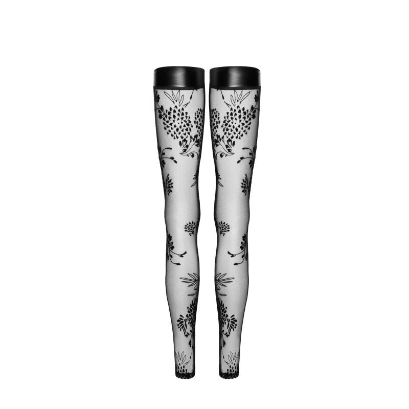 Tulle Stockings w Patterned Flock Embroidery & Power Wetlook Band