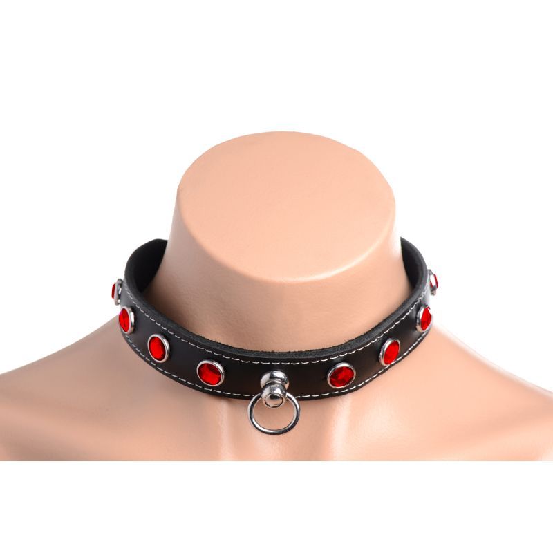 Bling Vixen Leather Choker w Red Rhinestones