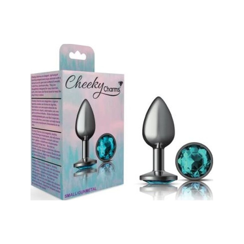 Cheeky Charms Gunmetal Round Butt Plug w Teal Jewel Small