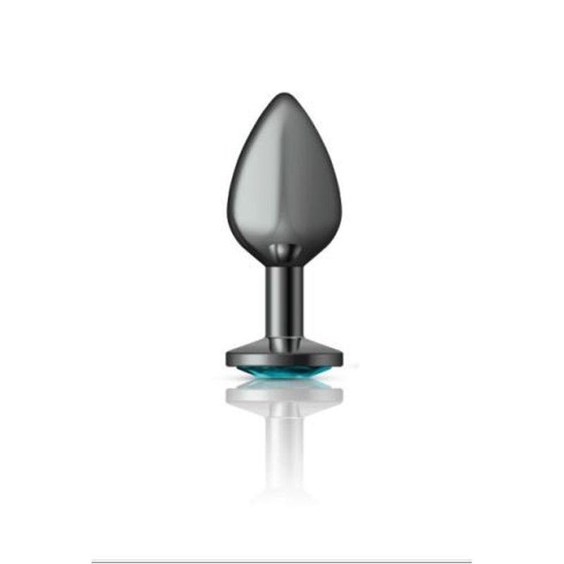 Cheeky Charms Gunmetal Round Butt Plug w Teal Jewel Medium